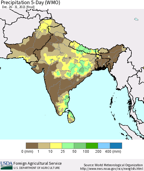 Southern Asia Precipitation 5-Day (WMO) Thematic Map For 12/26/2021 - 12/31/2021