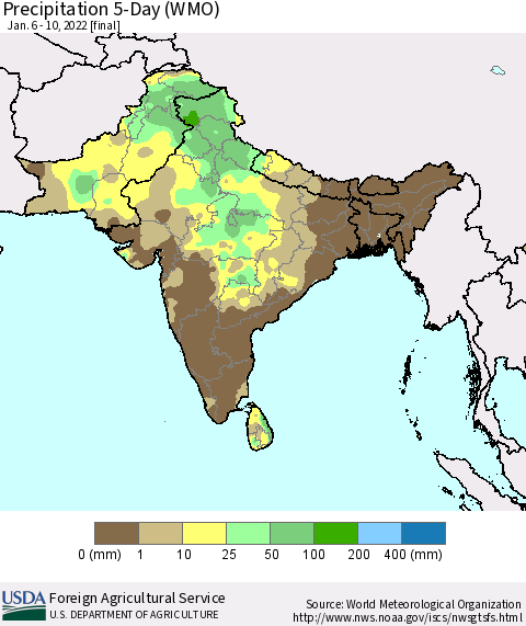 Southern Asia Precipitation 5-Day (WMO) Thematic Map For 1/6/2022 - 1/10/2022