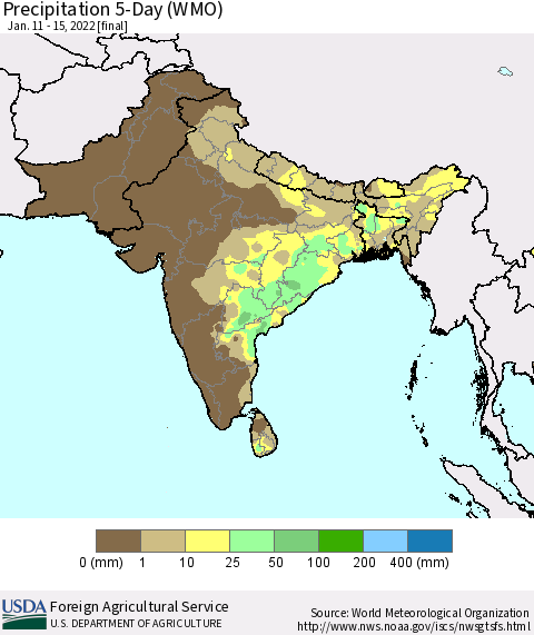 Southern Asia Precipitation 5-Day (WMO) Thematic Map For 1/11/2022 - 1/15/2022