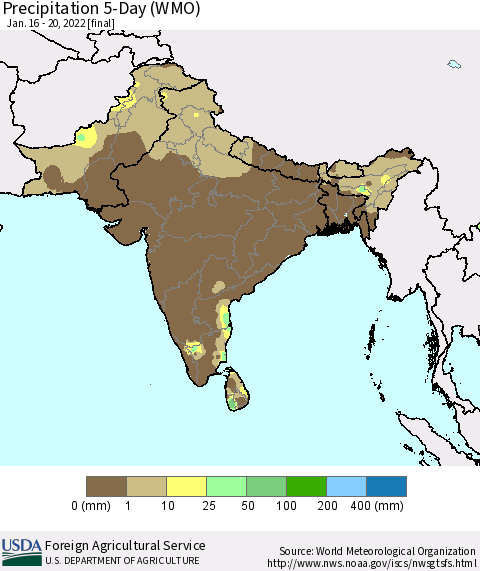 Southern Asia Precipitation 5-Day (WMO) Thematic Map For 1/16/2022 - 1/20/2022