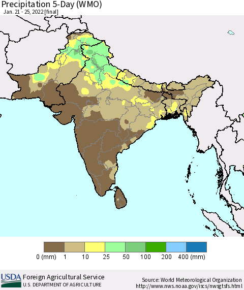 Southern Asia Precipitation 5-Day (WMO) Thematic Map For 1/21/2022 - 1/25/2022