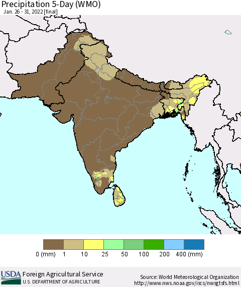 Southern Asia Precipitation 5-Day (WMO) Thematic Map For 1/26/2022 - 1/31/2022