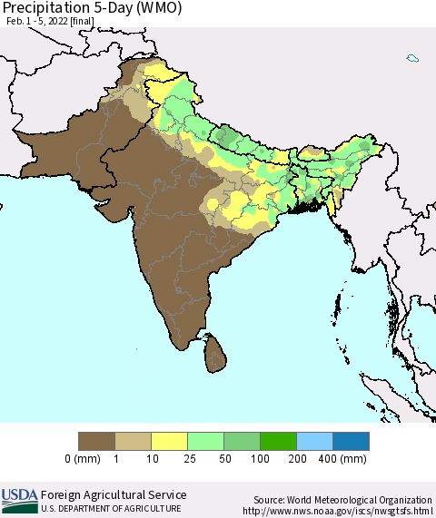 Southern Asia Precipitation 5-Day (WMO) Thematic Map For 2/1/2022 - 2/5/2022
