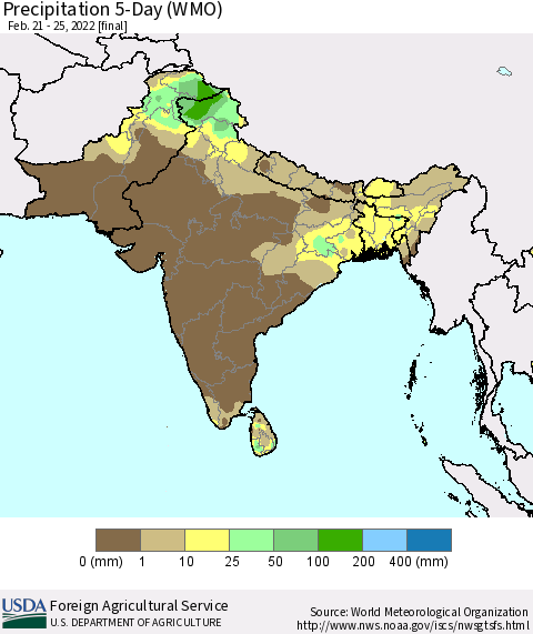 Southern Asia Precipitation 5-Day (WMO) Thematic Map For 2/21/2022 - 2/25/2022