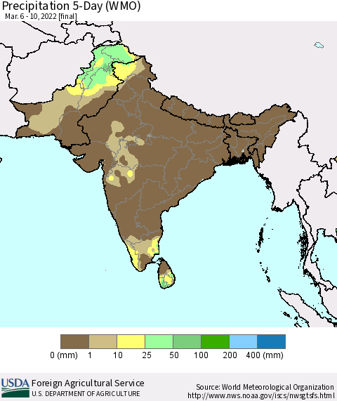 Southern Asia Precipitation 5-Day (WMO) Thematic Map For 3/6/2022 - 3/10/2022
