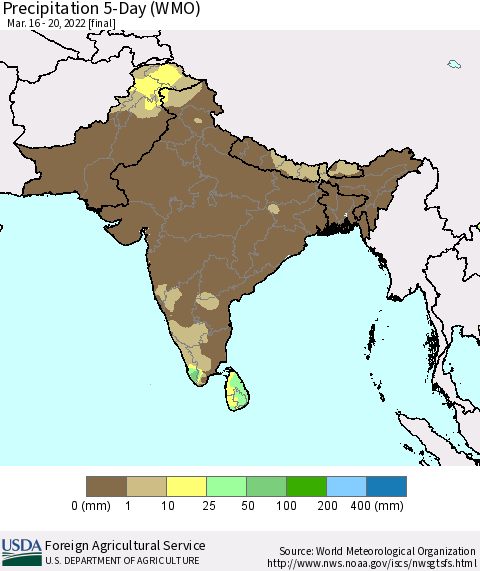 Southern Asia Precipitation 5-Day (WMO) Thematic Map For 3/16/2022 - 3/20/2022