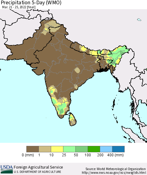 Southern Asia Precipitation 5-Day (WMO) Thematic Map For 3/21/2022 - 3/25/2022