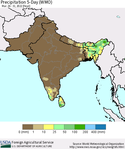 Southern Asia Precipitation 5-Day (WMO) Thematic Map For 3/26/2022 - 3/31/2022