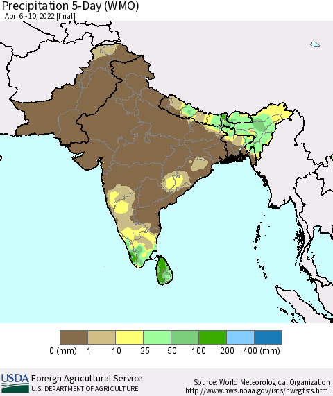 Southern Asia Precipitation 5-Day (WMO) Thematic Map For 4/6/2022 - 4/10/2022