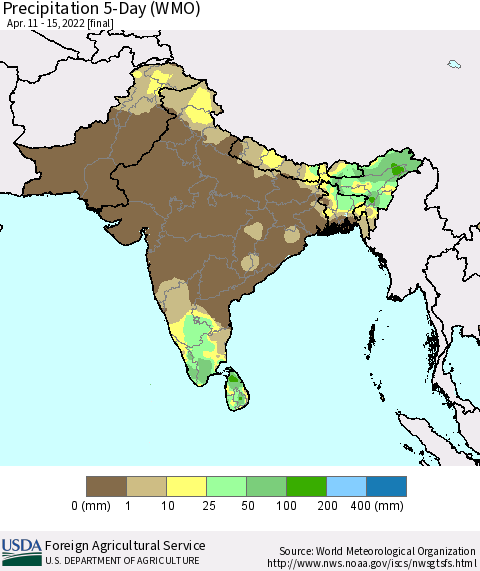 Southern Asia Precipitation 5-Day (WMO) Thematic Map For 4/11/2022 - 4/15/2022
