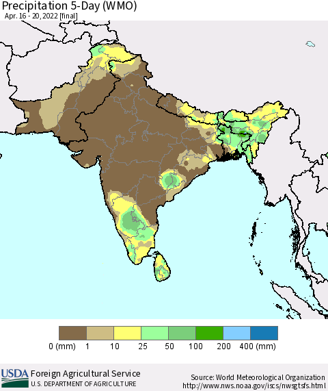 Southern Asia Precipitation 5-Day (WMO) Thematic Map For 4/16/2022 - 4/20/2022