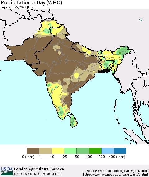 Southern Asia Precipitation 5-Day (WMO) Thematic Map For 4/21/2022 - 4/25/2022