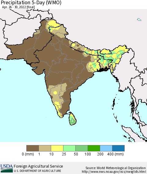Southern Asia Precipitation 5-Day (WMO) Thematic Map For 4/26/2022 - 4/30/2022