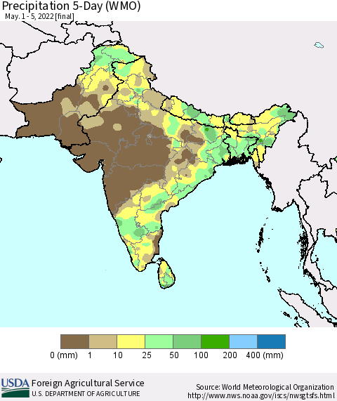 Southern Asia Precipitation 5-Day (WMO) Thematic Map For 5/1/2022 - 5/5/2022