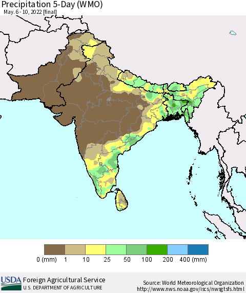 Southern Asia Precipitation 5-Day (WMO) Thematic Map For 5/6/2022 - 5/10/2022