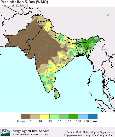 Southern Asia Precipitation 5-Day (WMO) Thematic Map For 5/11/2022 - 5/15/2022