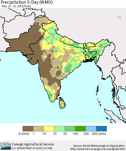 Southern Asia Precipitation 5-Day (WMO) Thematic Map For 5/21/2022 - 5/25/2022