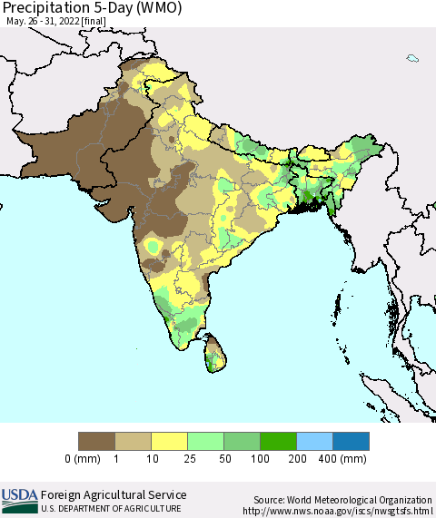Southern Asia Precipitation 5-Day (WMO) Thematic Map For 5/26/2022 - 5/31/2022