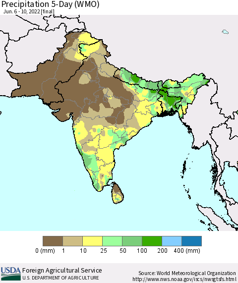 Southern Asia Precipitation 5-Day (WMO) Thematic Map For 6/6/2022 - 6/10/2022