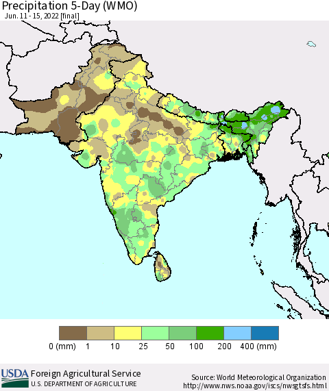 Southern Asia Precipitation 5-Day (WMO) Thematic Map For 6/11/2022 - 6/15/2022