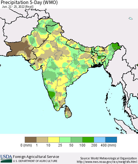 Southern Asia Precipitation 5-Day (WMO) Thematic Map For 6/21/2022 - 6/25/2022