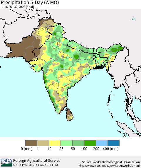 Southern Asia Precipitation 5-Day (WMO) Thematic Map For 6/26/2022 - 6/30/2022
