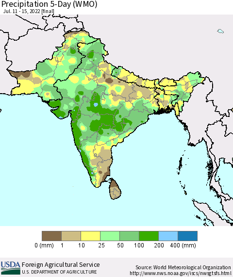 Southern Asia Precipitation 5-Day (WMO) Thematic Map For 7/11/2022 - 7/15/2022