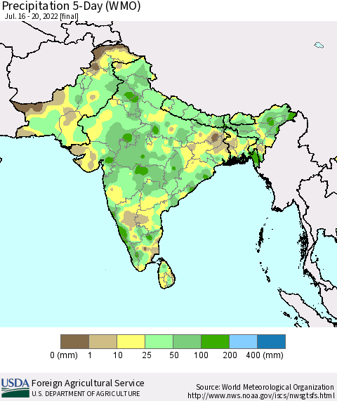 Southern Asia Precipitation 5-Day (WMO) Thematic Map For 7/16/2022 - 7/20/2022