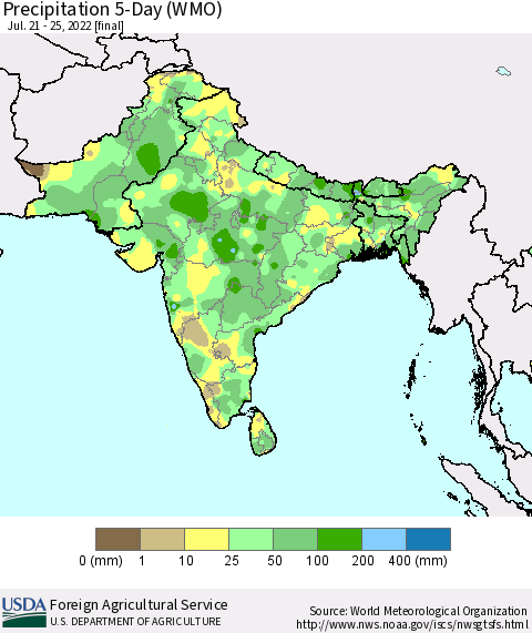 Southern Asia Precipitation 5-Day (WMO) Thematic Map For 7/21/2022 - 7/25/2022