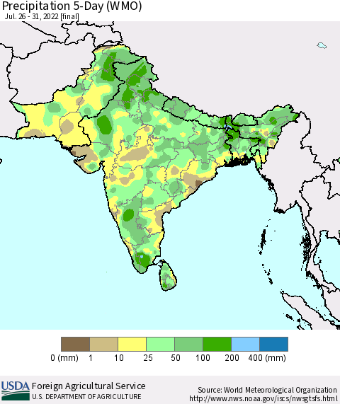 Southern Asia Precipitation 5-Day (WMO) Thematic Map For 7/26/2022 - 7/31/2022