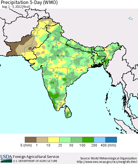 Southern Asia Precipitation 5-Day (WMO) Thematic Map For 8/1/2022 - 8/5/2022