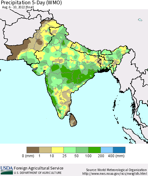 Southern Asia Precipitation 5-Day (WMO) Thematic Map For 8/6/2022 - 8/10/2022