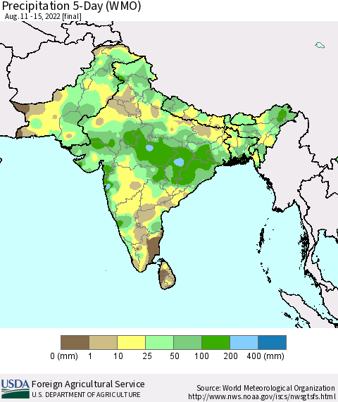 Southern Asia Precipitation 5-Day (WMO) Thematic Map For 8/11/2022 - 8/15/2022