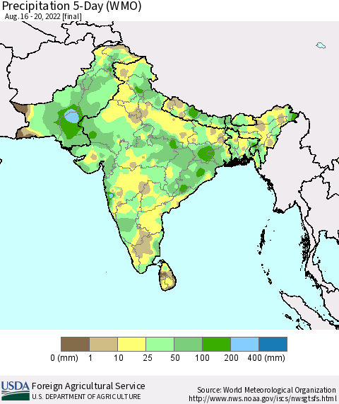 Southern Asia Precipitation 5-Day (WMO) Thematic Map For 8/16/2022 - 8/20/2022