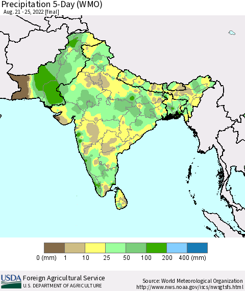 Southern Asia Precipitation 5-Day (WMO) Thematic Map For 8/21/2022 - 8/25/2022