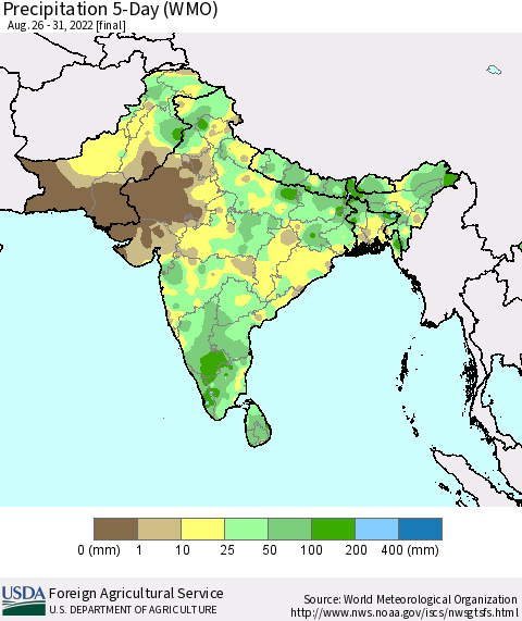 Southern Asia Precipitation 5-Day (WMO) Thematic Map For 8/26/2022 - 8/31/2022