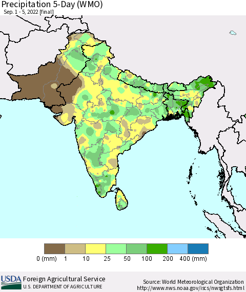 Southern Asia Precipitation 5-Day (WMO) Thematic Map For 9/1/2022 - 9/5/2022