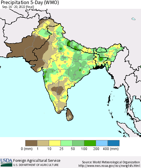 Southern Asia Precipitation 5-Day (WMO) Thematic Map For 9/16/2022 - 9/20/2022