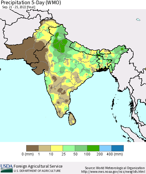 Southern Asia Precipitation 5-Day (WMO) Thematic Map For 9/21/2022 - 9/25/2022
