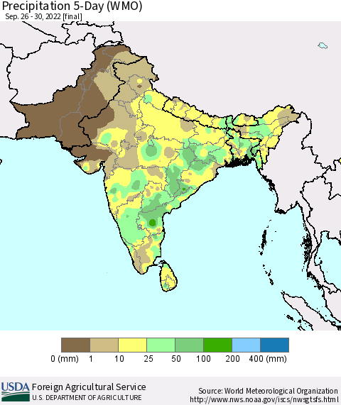 Southern Asia Precipitation 5-Day (WMO) Thematic Map For 9/26/2022 - 9/30/2022