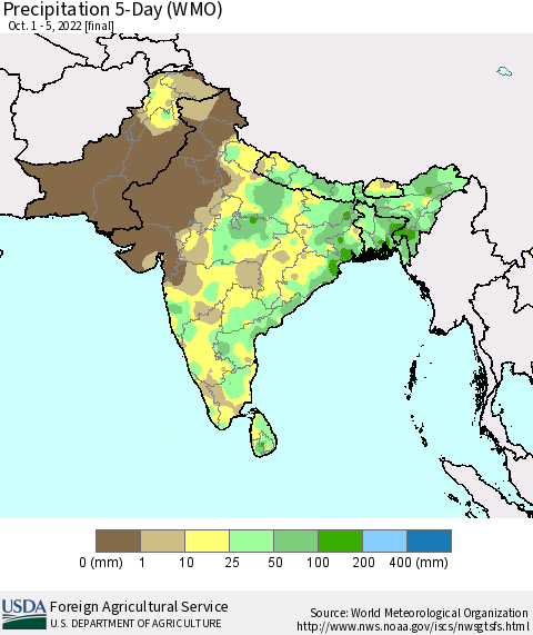 Southern Asia Precipitation 5-Day (WMO) Thematic Map For 10/1/2022 - 10/5/2022