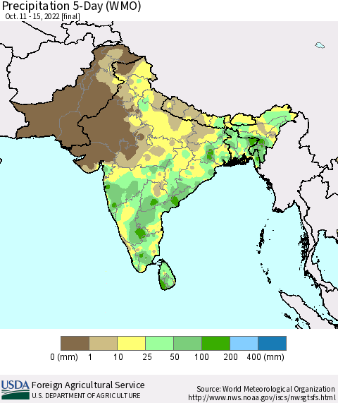 Southern Asia Precipitation 5-Day (WMO) Thematic Map For 10/11/2022 - 10/15/2022