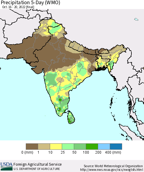Southern Asia Precipitation 5-Day (WMO) Thematic Map For 10/16/2022 - 10/20/2022