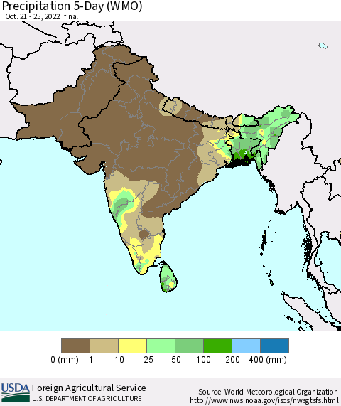 Southern Asia Precipitation 5-Day (WMO) Thematic Map For 10/21/2022 - 10/25/2022
