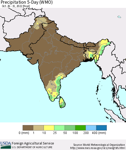 Southern Asia Precipitation 5-Day (WMO) Thematic Map For 10/26/2022 - 10/31/2022