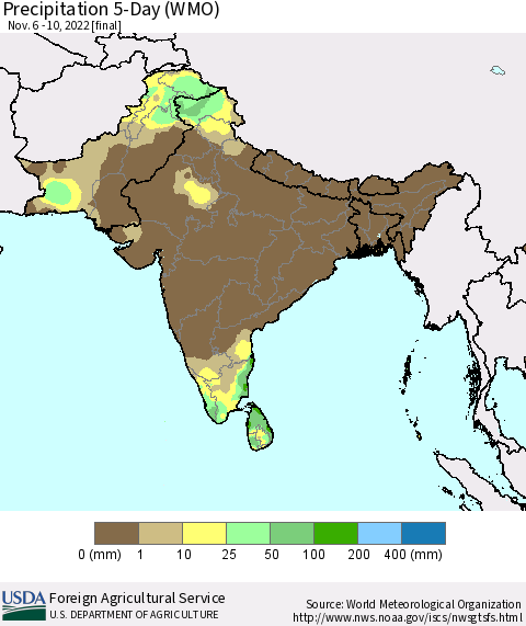 Southern Asia Precipitation 5-Day (WMO) Thematic Map For 11/6/2022 - 11/10/2022