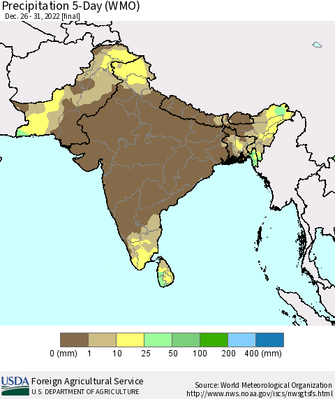 Southern Asia Precipitation 5-Day (WMO) Thematic Map For 12/26/2022 - 12/31/2022