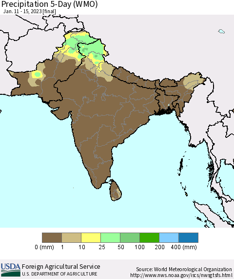 Southern Asia Precipitation 5-Day (WMO) Thematic Map For 1/11/2023 - 1/15/2023