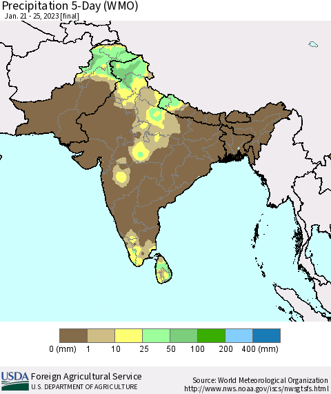 Southern Asia Precipitation 5-Day (WMO) Thematic Map For 1/21/2023 - 1/25/2023