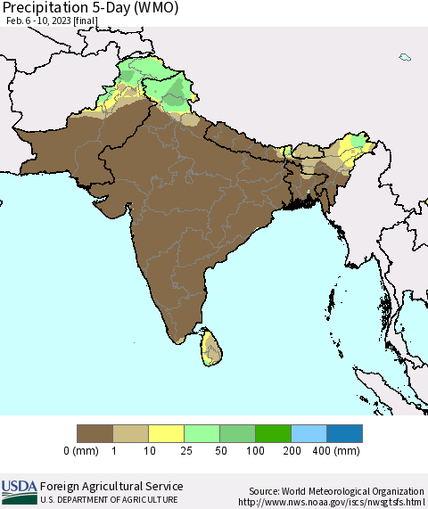 Southern Asia Precipitation 5-Day (WMO) Thematic Map For 2/6/2023 - 2/10/2023